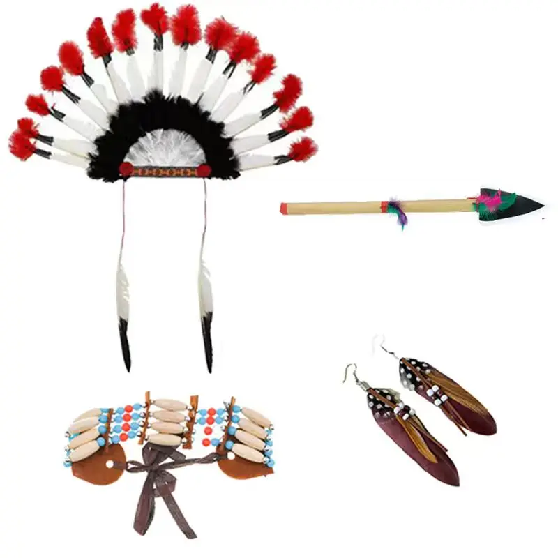 مجموعة إكسسوارات الأزياء الهندية الأصلية من PESENAR، ضفائر مزدوجة، غطاء رأس من الريش، أقراط وسوار وقلادة #2