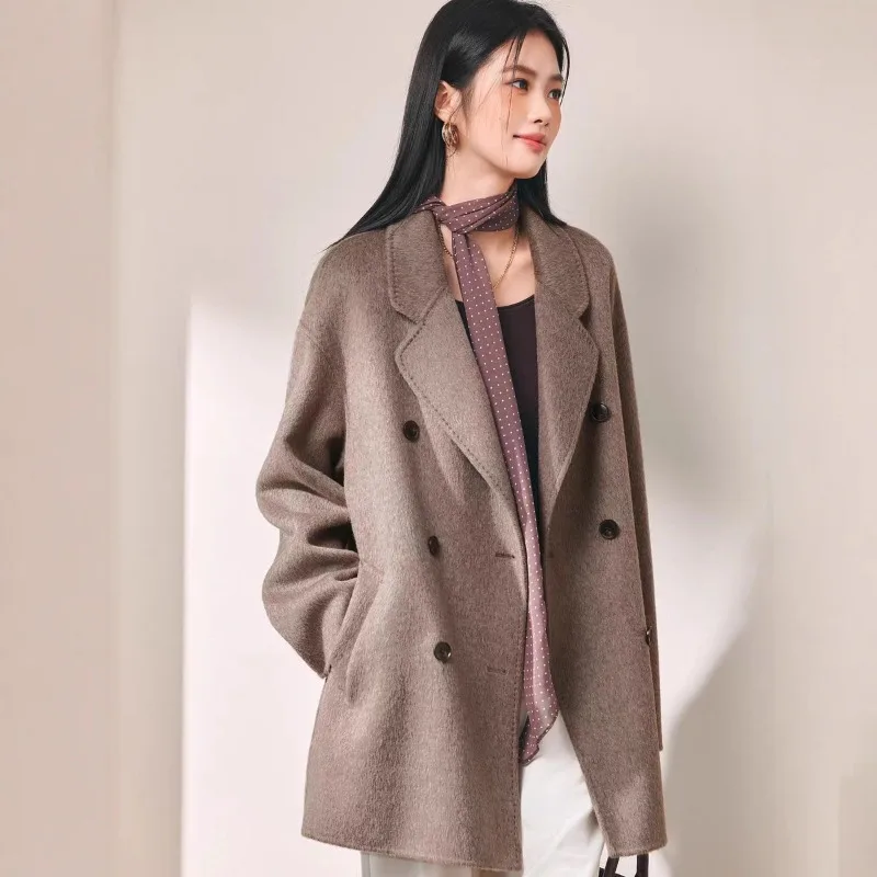 

2025Новое осенне-зимнее модное женское двубортное двустороннее шерстяное однотонное пальто средней длины, элегантная женская одежда