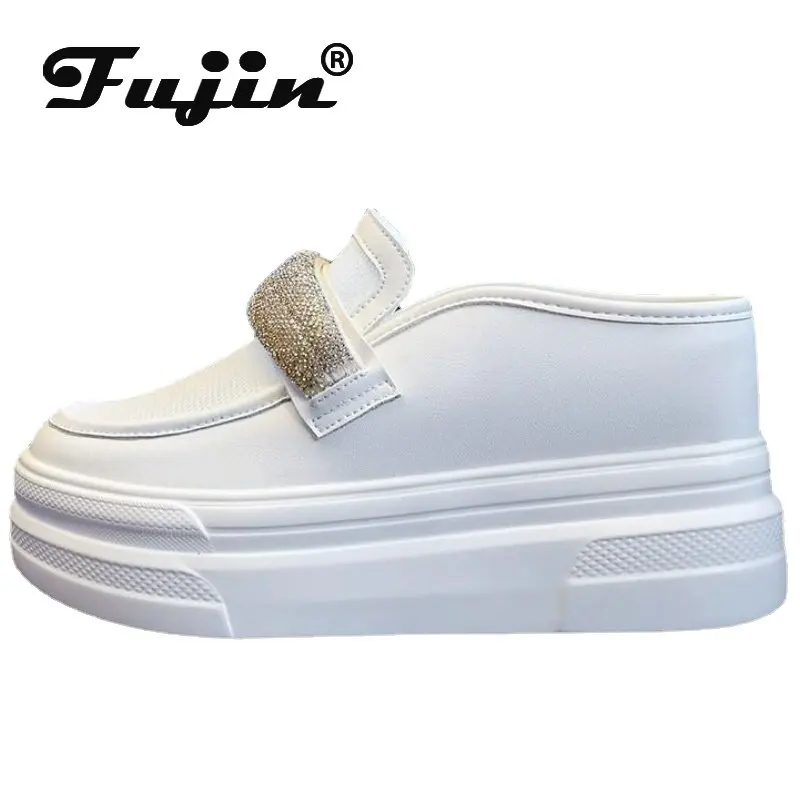 

Fujin 8cm Air Mesh Genuine Leather Bling Ladies Casual Platform Wedge Fashion Slippers Women Rhinestone Sandle High Brand Shoes