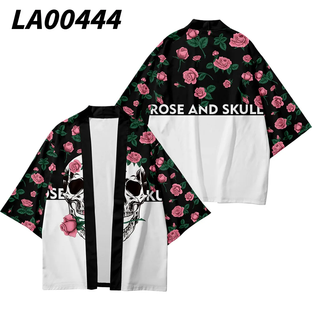 Streetwear Skull Rose Print Cardigan Japanese Kimono Beach Women Men Cosplay Haori Yukata Traditional Asian Shirts Clothing 2024