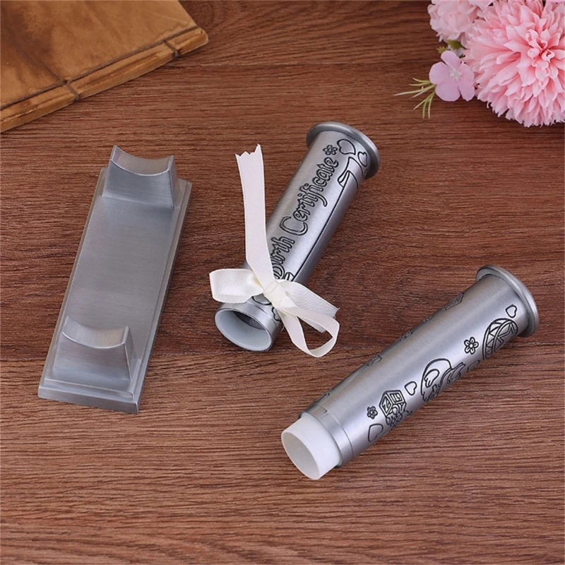 Y166 Birth Certificate Holder with Base Set Silver Plated Zinc Alloy Storage Tube