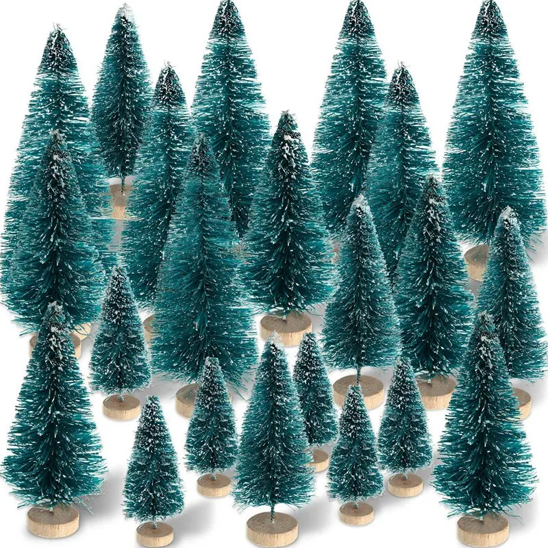 60 Pieces Mini Sisal Snow Frost Trees Winter Pine With Wood Base Snow Ornaments Tabletop Trees For Christmas Decoration