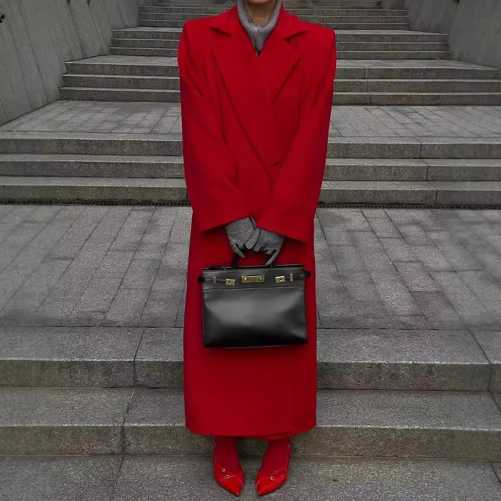 Solid color lapel long sleeve long coat European and American red long eye-catching all matching comfortable warm coat