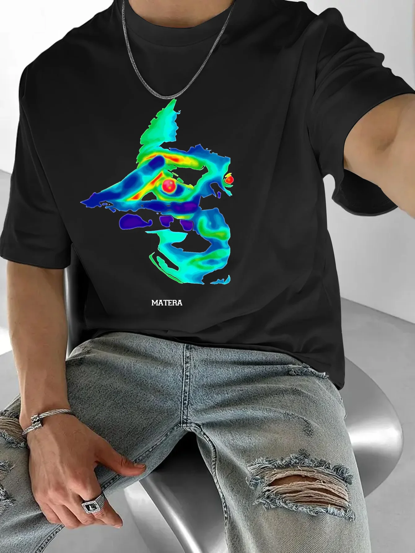 Camiseta Oversize para Hombre con Estampado de Visión Térmica Facial MATERA, Estilo Urbano Casual, Cuello Redondo, Manga Corta, para Verano