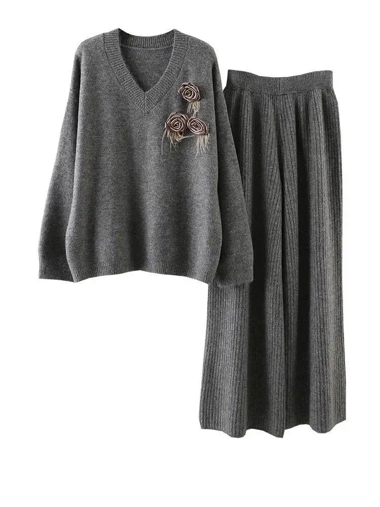 

Size Gray Big Flower Sweater Pants Two Piece Suit New V-Neck Long Sleeve Women Fashion Spring Autumn 2026 TJNS