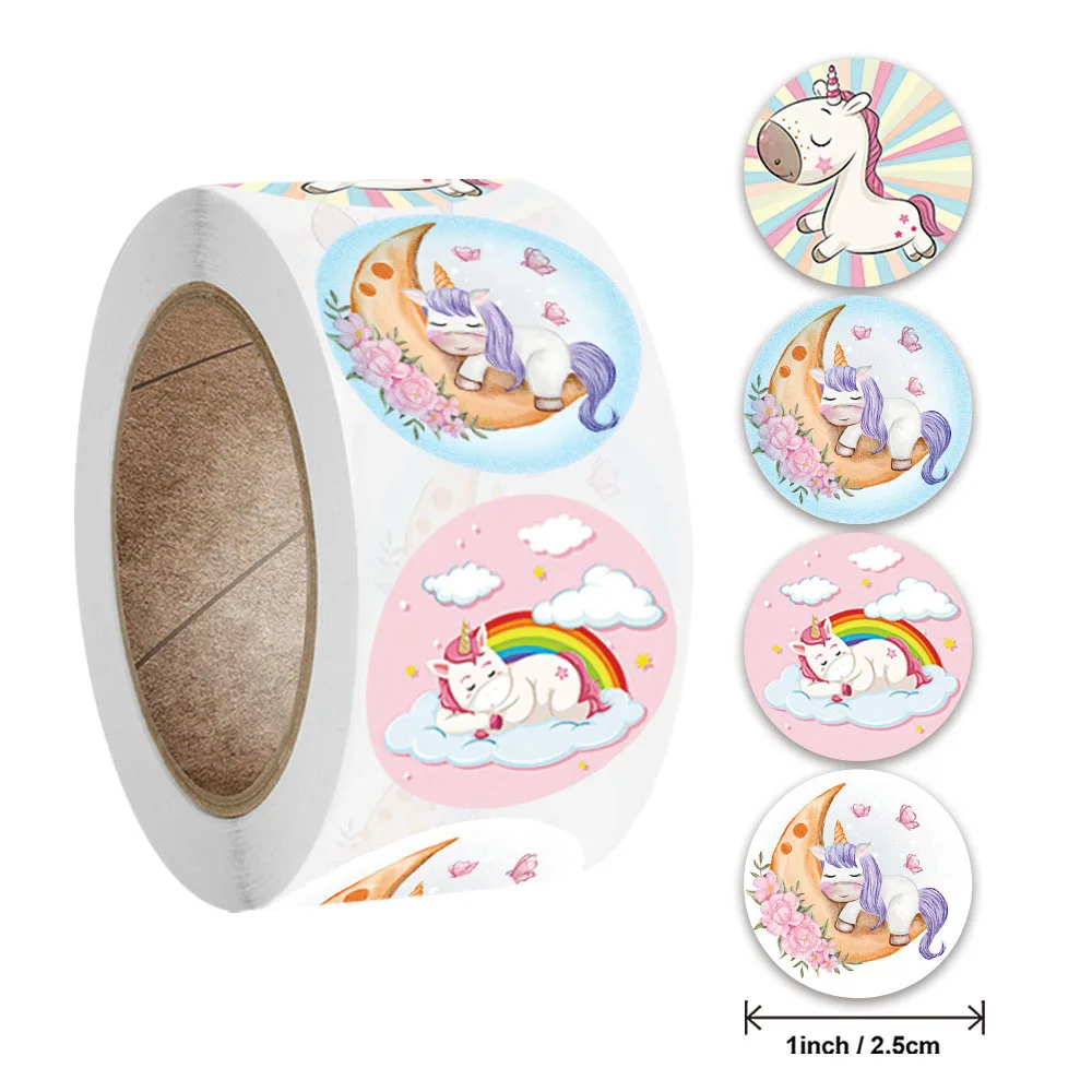 500Pcs/Roll Rainbow Unicorn Flying Horse Themed Stickers 2.5cm/1.0in Round Reward Sticker Gift Sealing Holiday Decorative Labels