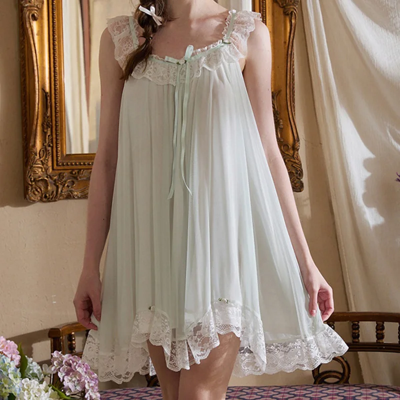 Women Girls Retro Small Rose Gauze Nightgown with Doll Collar Irregular Large Skirt Fairy Princess Sleepwear Dress