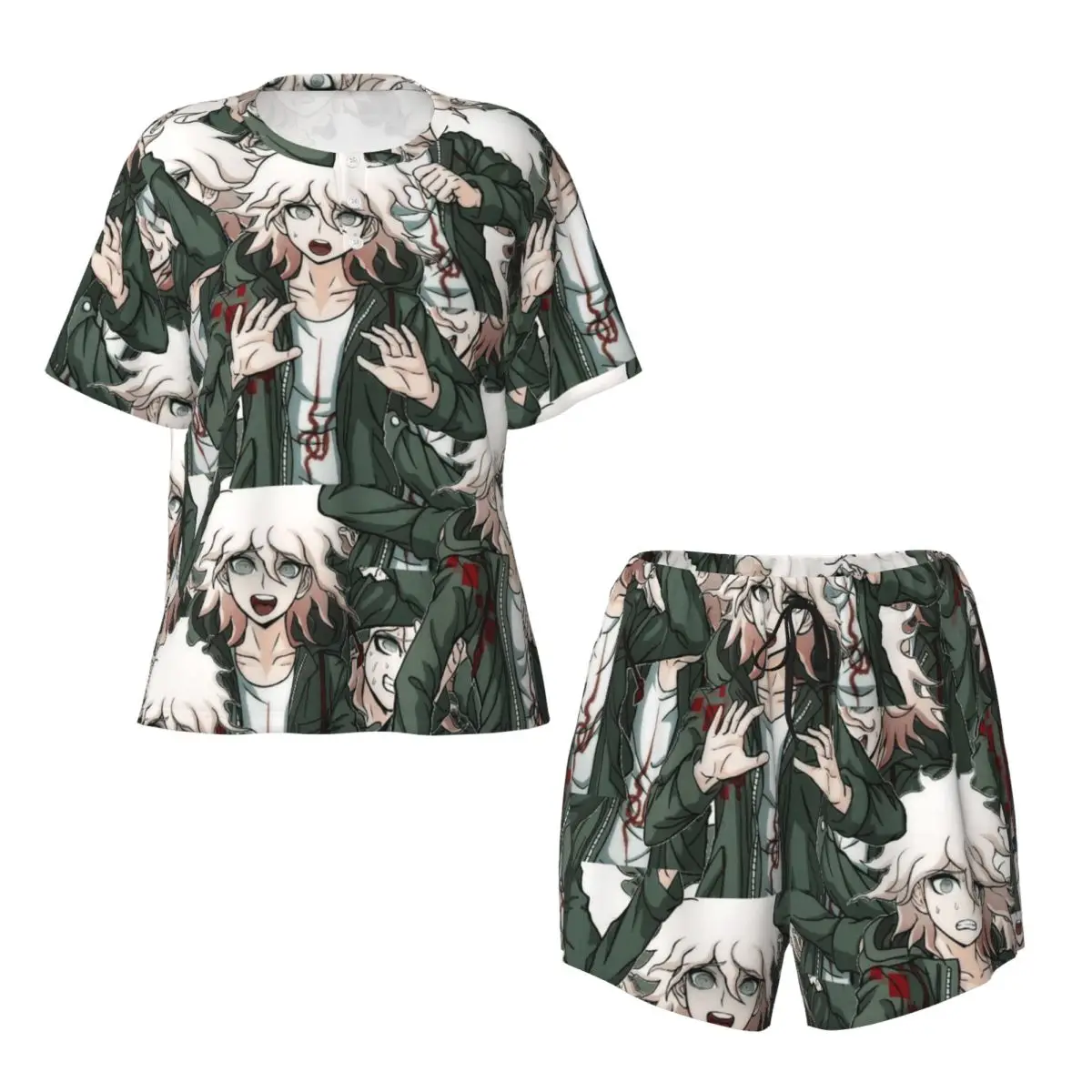 

Nagito Komaeda Danganronpa Trigger Happy Havoc Round Neck Short Sleeves Nightdress for Sleeping Women Pajama Set Short Pants