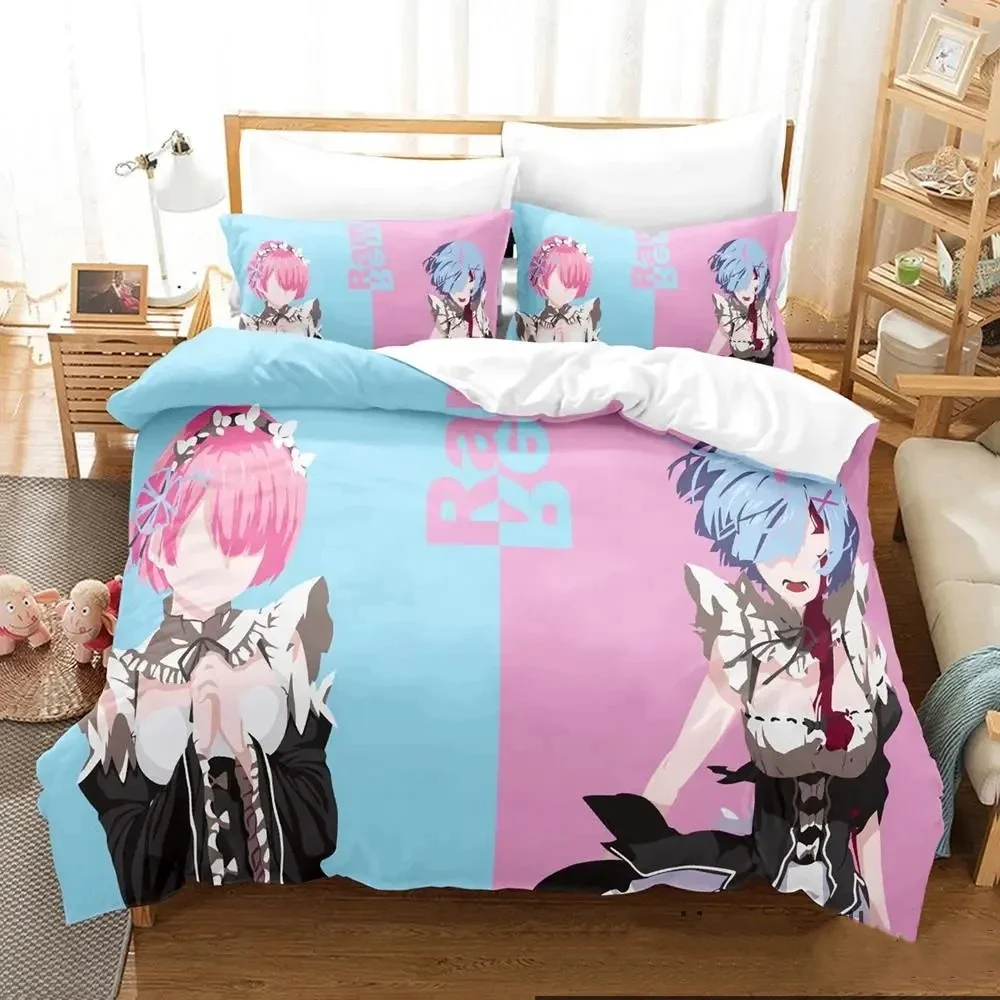 

3D Print Anime Re Zero Rem Ram Emilia Bedding Set Boys Girls Twin Queen King Size Duvet Cover Pillowcase Bed boys Adult