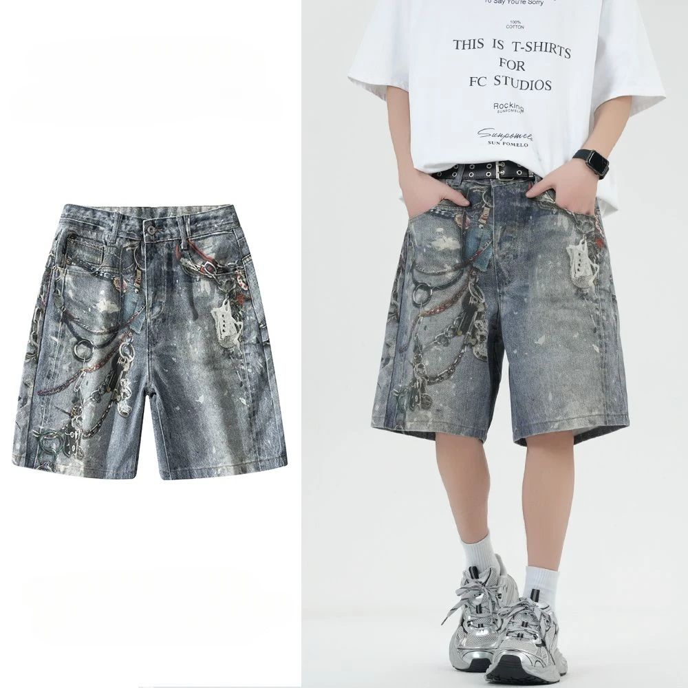 

New Trend Loose Fit Burnt Denim Men's Streetwear Salt Washed Shorts Urban Style Collection