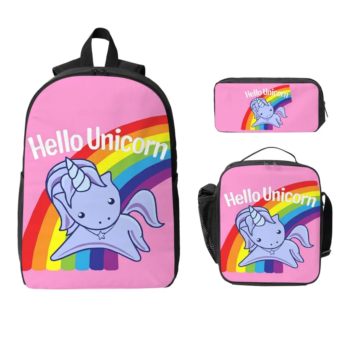 

Hello Unicorn Backpack Student Boys Girls BookBag School Bag Computer Shoulder Bags 3ps Insulated Lunch Bag Pencil Case