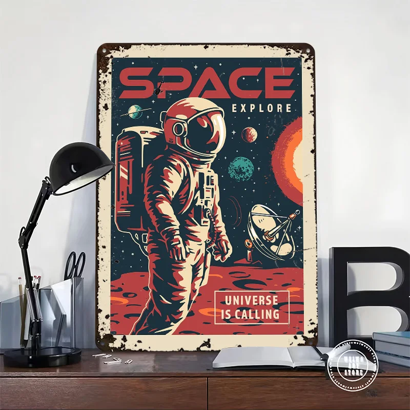 رائد الفضاء خمر المعادن المشارك علامات معدنية جدار الفن مخصص تين تسجيل للمنزل الديكور الأشياء لتصميم الغرفة العصا ديكو