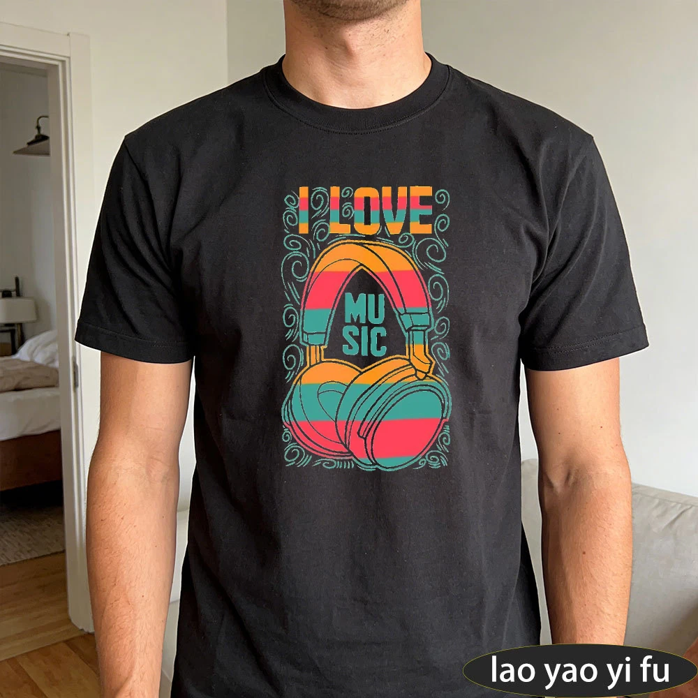 Intage Headphones I Love Music Graphic Tees Retro Striped Print Casual Men Cotton Short Sleeve Streetwear Music Lover Gift Top