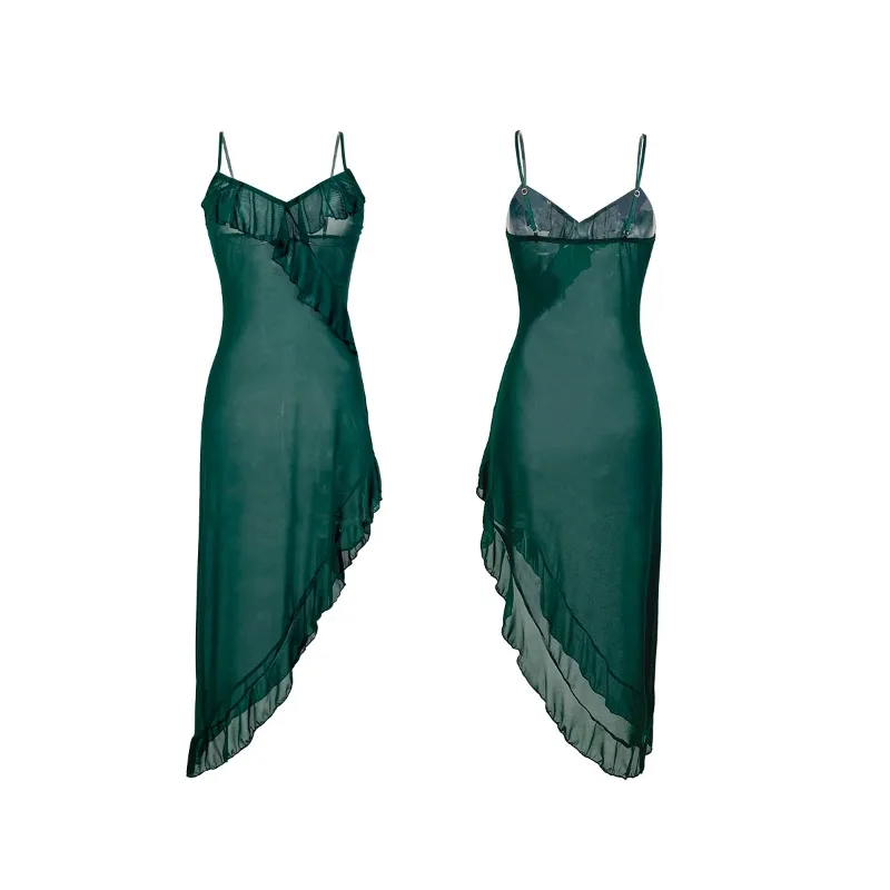 

Сетчатая ночная сорочка с рюшами и бретелями, асимметричная юбка, разноцветная, сексуальная пижама, удобная, дышащая, для трансграничной торговли