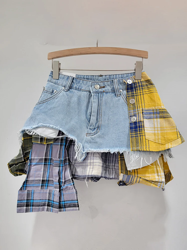 [EWQ] Deconstructed High Waist Mini Skirt 2024 Summer New Fashion Women Denim Skirts Colored Plaid Patchwork Irregular Clothing