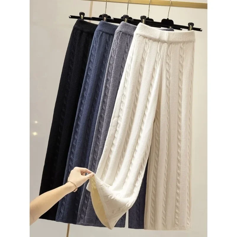 Winter Knitted Wide Leg Pants Women High Waist Drop Loose Knitted Straight Leg Pants Casual Cropped Wide Leg Pants Female Tops