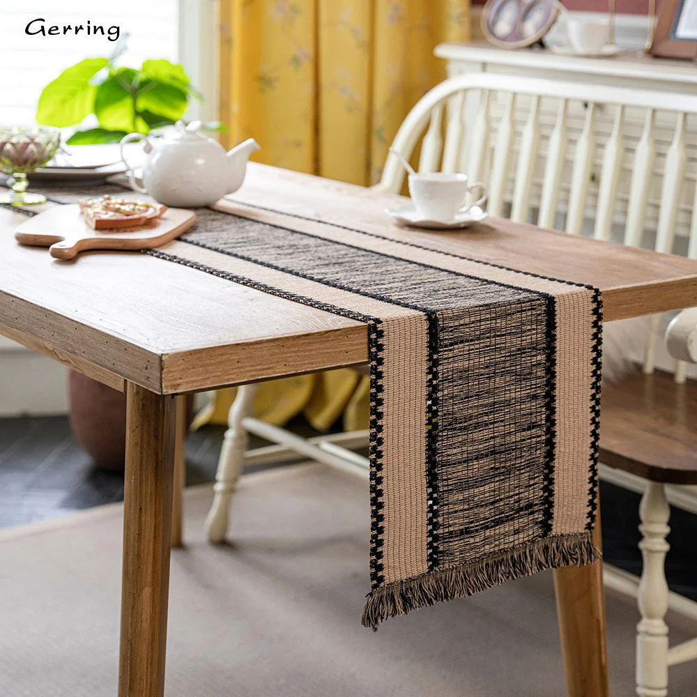 Gerring Linen Table Runner Cotton Stitching Braided Tassel Table Flag Country Boho Christmas Table Runner For Dining Table