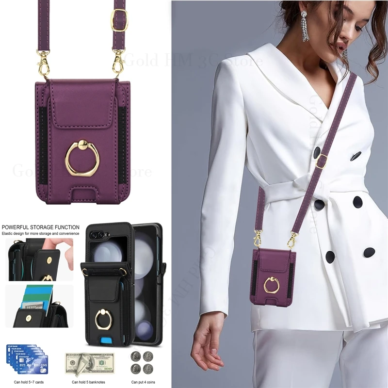 

Crossbody Necklace Lanyard Phone Leather Case For Samsung Z Flip 7 Finger Ring Holder Wallet Card Clots Cover For Galaxy Z Flip6