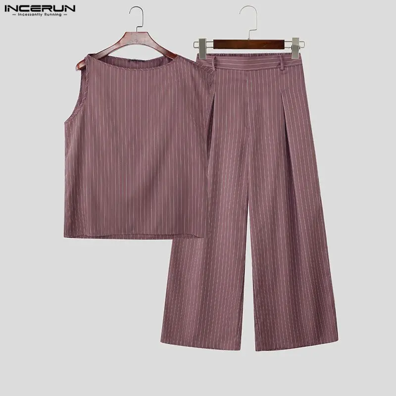 

INCERUN Men Striped Sets Sleeveless Tank Tops & Wide Leg Pants Two Pieces Sets Loose Streetwear Fashion Casual Men's Suits S-5XL