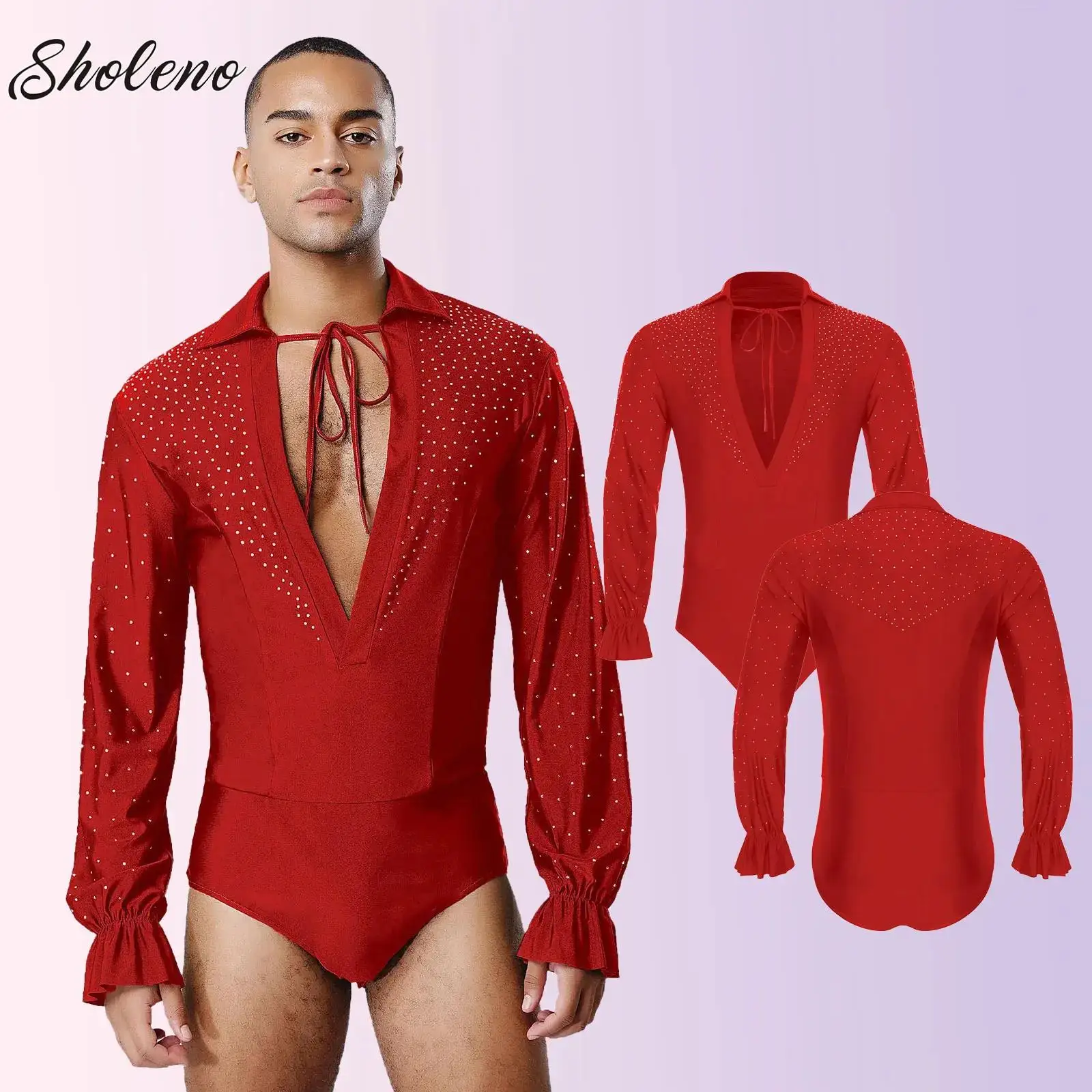 メンズラテンジャズダンスレオタードラインストーン V ネックダンスシャツユニタード社交モダンラテンタンゴルンバチャチャボディスーツダンスウェア