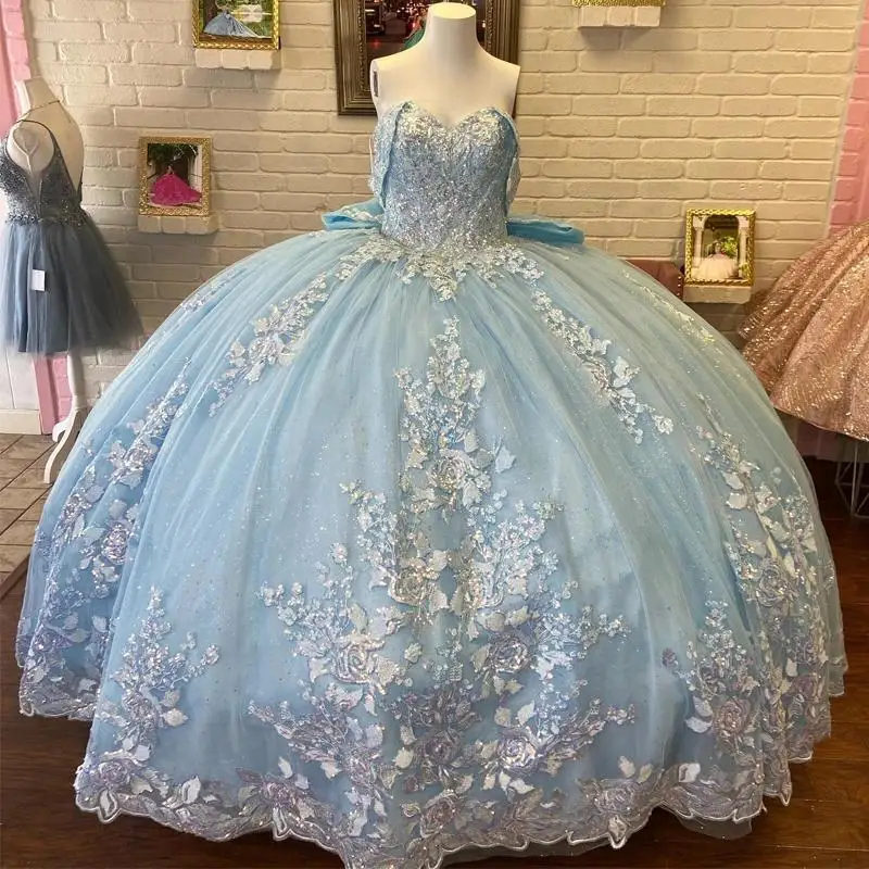 

Sky Blue Sparkly Quinceanera Dresses Ball Gown Sequined Applique Lace Beads Tull Off The Shoulder Corset Vestidos 15 De XV Años