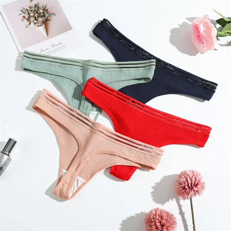 Women Thong Cotton Panties Low Waist Seamless Ribbed Simple Women's Bikini Briefs Comfort G-string Underwear Intimate Lingerie