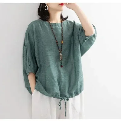 NICE Loose Casual Batwing Sleeve Crew Neck T-Shirt Women's Drawstring Hem Mid-Sleeve Overhead Summer Top Polyester Fiber