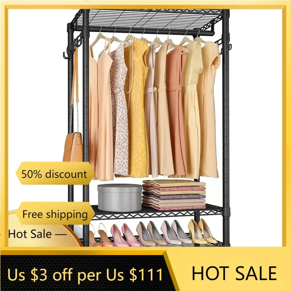 

Rolling Garment Rack Heavy Duty Clothes Rack for Hanging Clothes Portable Closet Wardrobe With Wheels and Side Hooks