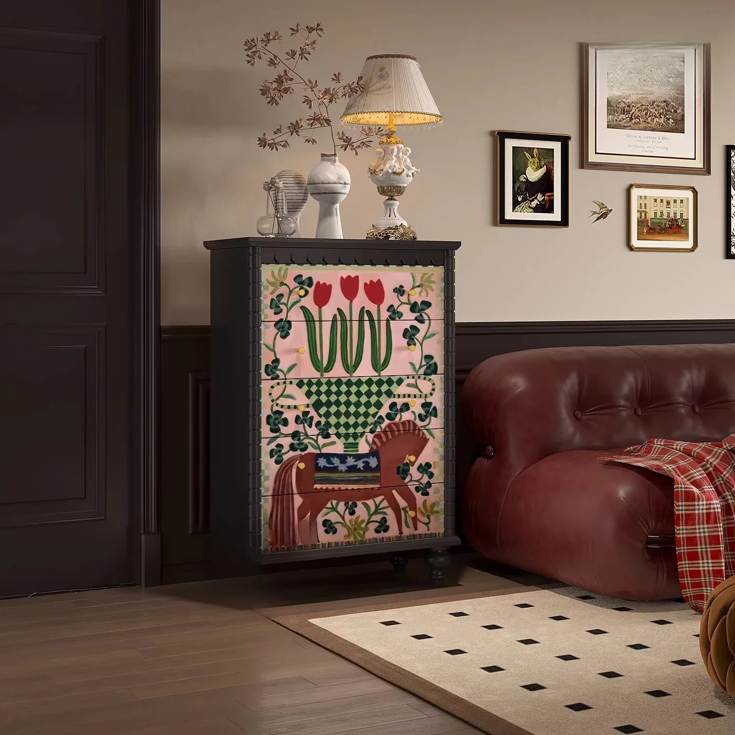 

Medieval style plant flower chest of drawers solid wood chest of drawers side cabinet bedside bed end wall storage cabinet