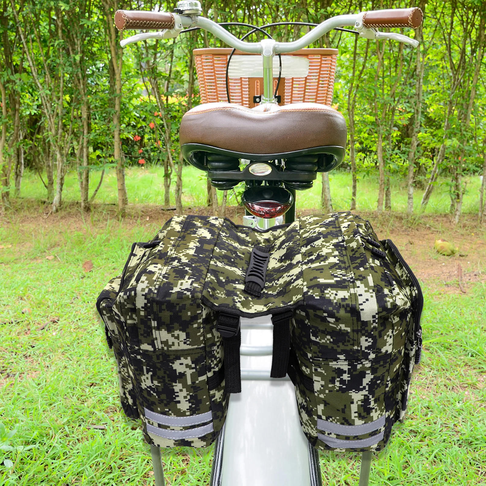 Water Resistant Camo Rear Seat Bag Canvas Saddle Trunk Bag Large Capacity for Mountain Cycling Bike Reflective Binding
