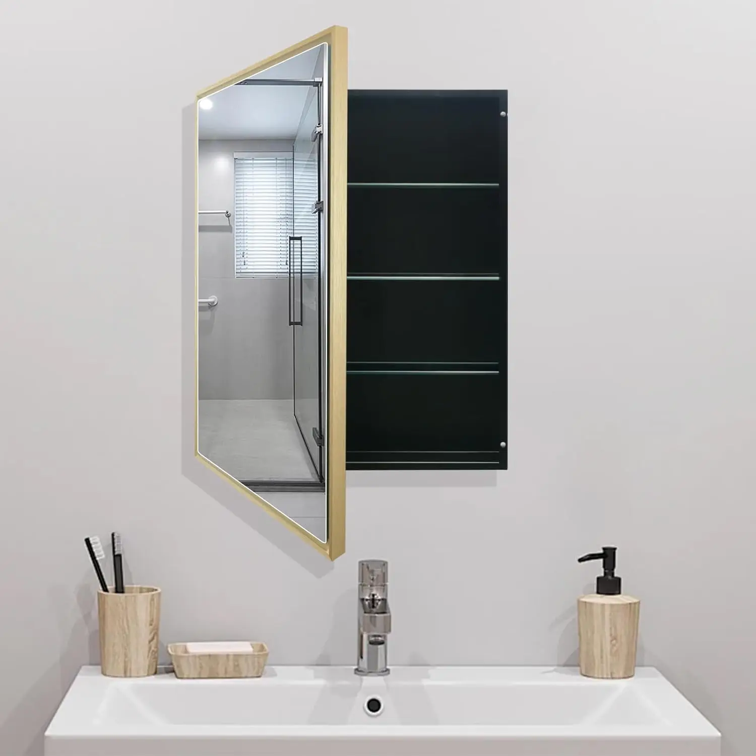 FOMAYKO-Armoire HOMedicine avec miroir encadré en aluminium, miroir de courtoisie à montage en surface, porte unique, or,24 po x 30 po