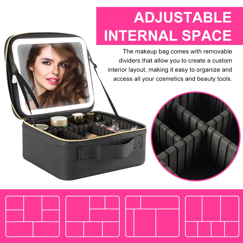 Missmeeca Bolsa de maquillaje con espejo LED y estuche de maquillaje de viaje, organizador de cosméticos y bolsa de almacenamiento con panel de brochas de maquillaje separada