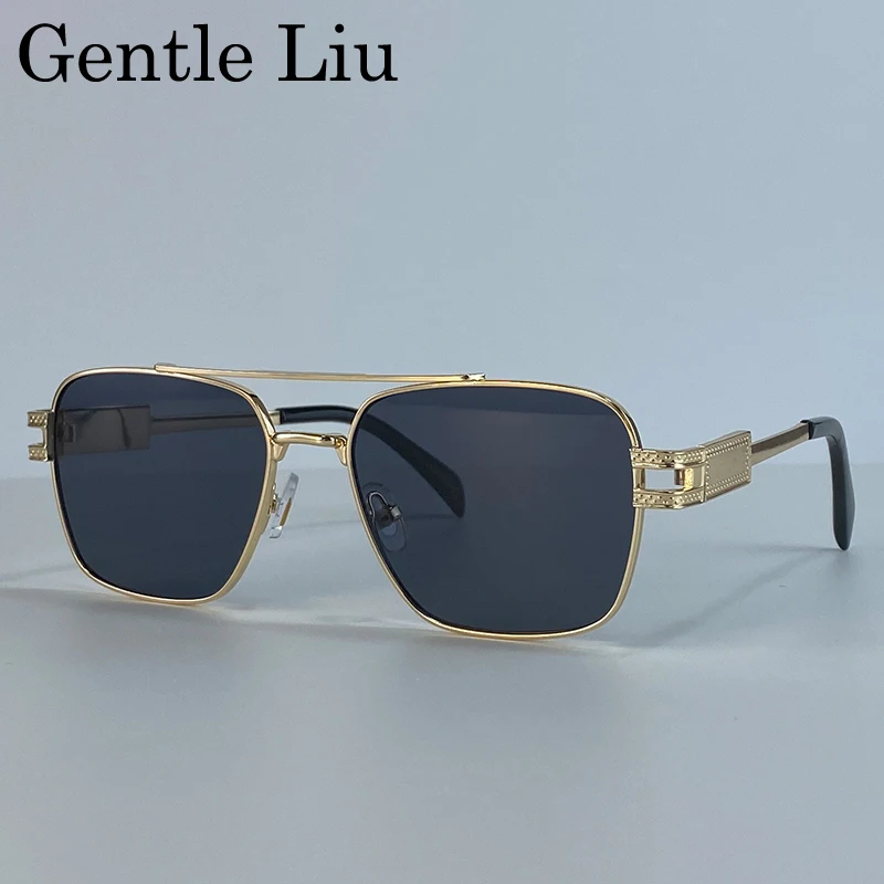 

Oversized Steampunk Square Sunglasses Men 2025 Luxury Brand Metal Frame Sun Glasses For Male Classic Double Beam Eyewear Shades