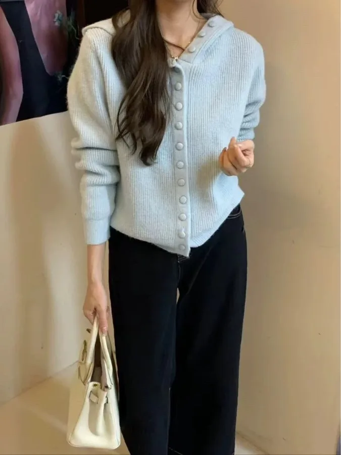 

Синий вязаный кардиган с капюшоном, женская верхняя одежда на пуговицах в корейском стиле, вязаный свитер, длинное пальто с капюшоном