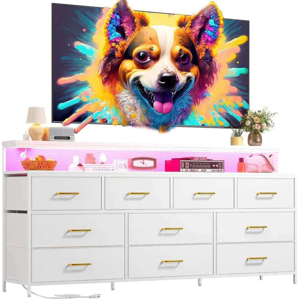

55 White Bedroom Dresser with 10 Fabric Drawers, LED Lights, Power Outlets, Metal Handles