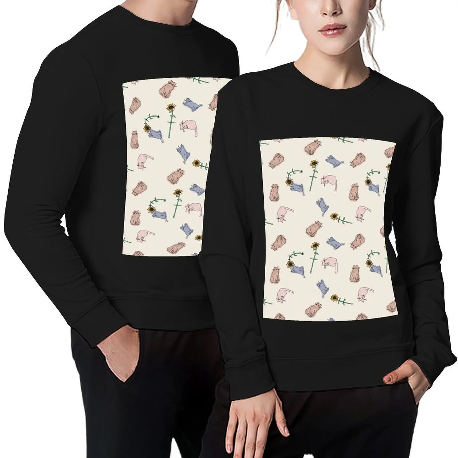 

Cats and Sunflowers Pattern Pullover korean autumn clothes blouse mens designer clothes anime clothes winter man sweatshirt