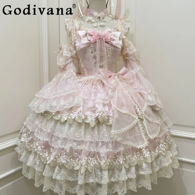

Original Sweet Lolita Pink Princess Dress Set JSK Autumn New Girl's Woman's Cute Bow Lace Heavy Industry Dress Lo Vestidos
