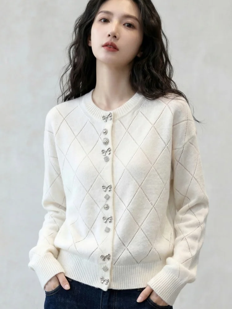 

TLOML Women Wool Knitwear O-neck Bow Buttons Hollowed out Cardigan Spring Autumn Long Sleeve Cashmere Sweater Female Casual Tops