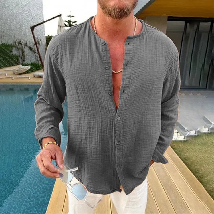 

new men's cotton and linen shirt solid color double-layer wrinkled long-sleeved fashion loose casual comfortable shirt قميص