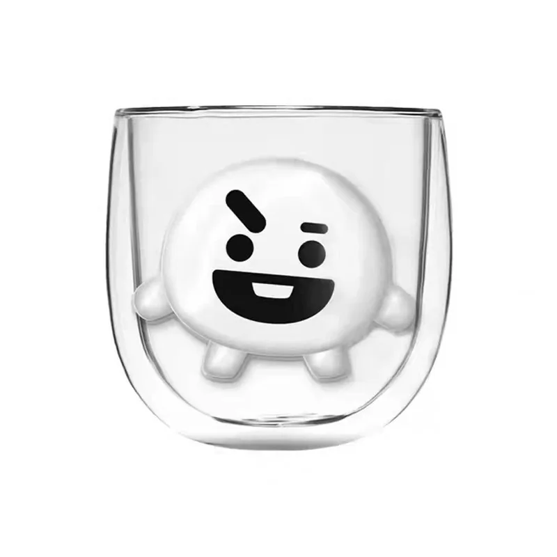 BT21 Creative Double-layer Glass Cup Kawaii Korea Anime Cartoon Coffee Cup Anti-scalding Party Teacup Mug Household Tableware