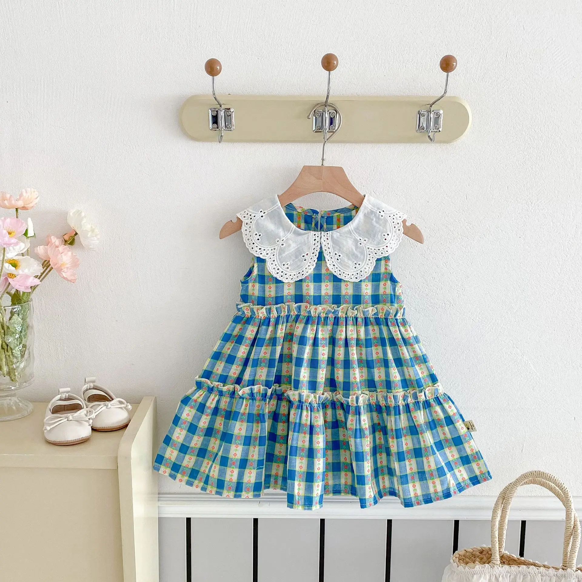 

Girls' Plaid Dress, Summer Baby Girl's Stylish Dress, 2025 New Short Sleeved Doll Neck Baby Princess Dress