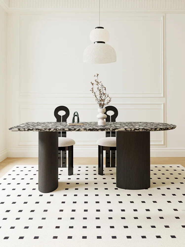 French retro black dining table, small apartment, terrazzo semi-round dining table, simple home table, wall table