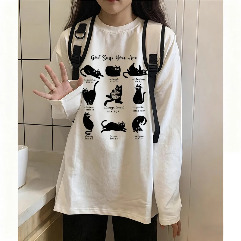 

Забавная белая футболка с длинными рукавами и принтом котенка для женщин, осенние свободные топы, повседневная корейская милая женская одежда