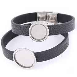 2pcs Stainless Steel Flat Black Leather Bracelet Cabochon Base Setting Blanks 16mm 20mm Round 25mm Heart Bezel Trays Diy