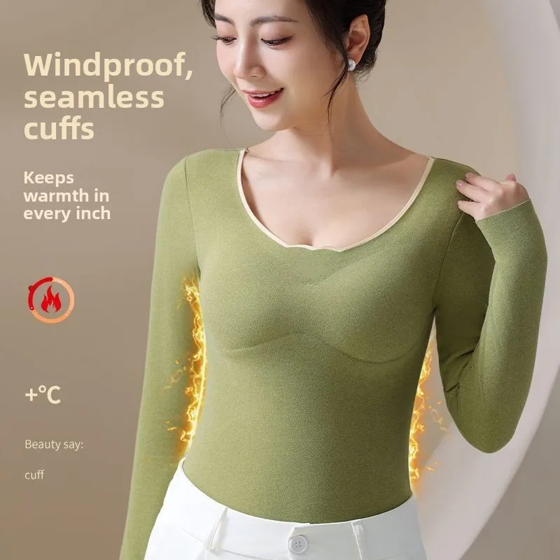 Women's Long Sleeve Thermal T-Shirt Autumn Winter Thickened Velvet Close-Fitting Top with Chest Pad No Need to Wear Bra Base ...
