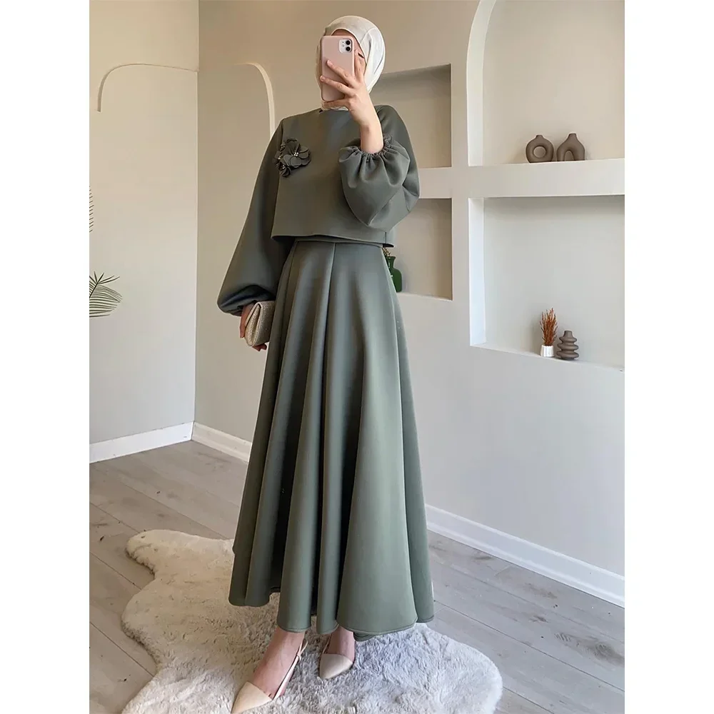 Eid Dubai Fashion Set 2 Piece Women Lantern Sleeve Top Shirt & Skirts Suits Musulman Ensembles Jalabiya Appliques Muslim Sets