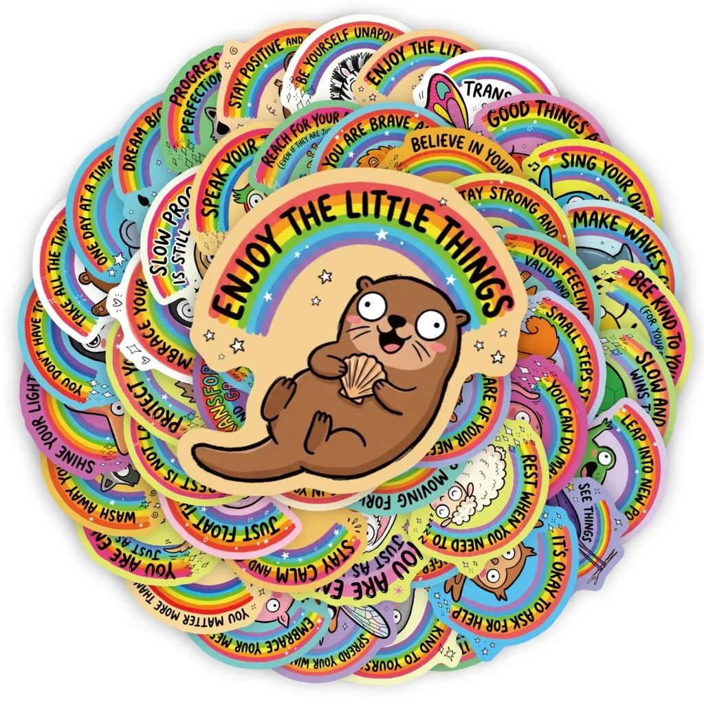 50Pcs Rainbow Animal Mental Health Stickers Positive Energy English Quote Waterproof Decals for DIY Golden Memory Stickers Store