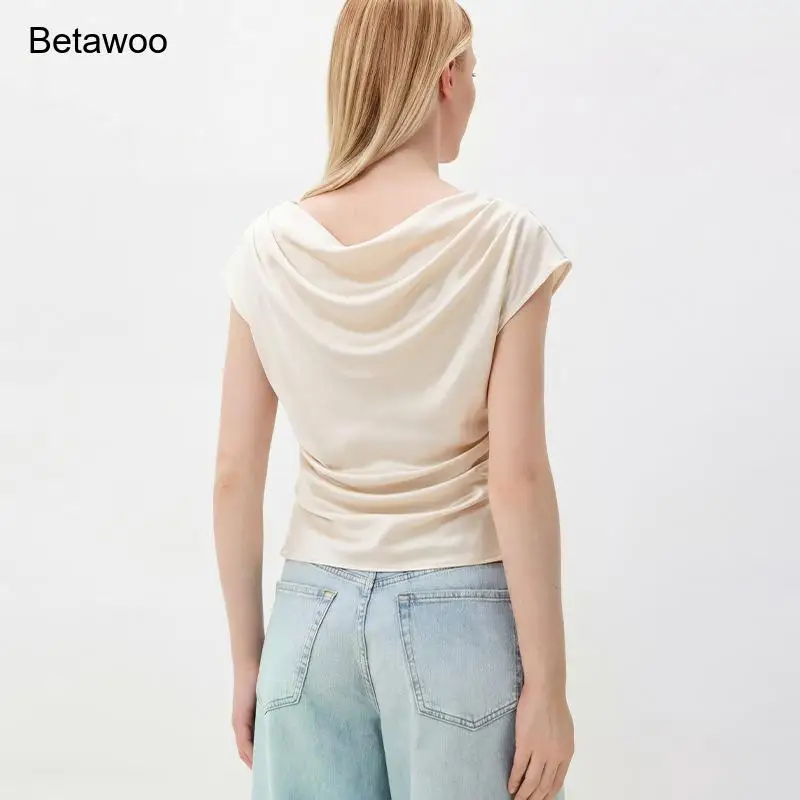 Sleeveless Cowl Neck Blouse for Women Beige Draped Satin Elegant Top for Office and Daily