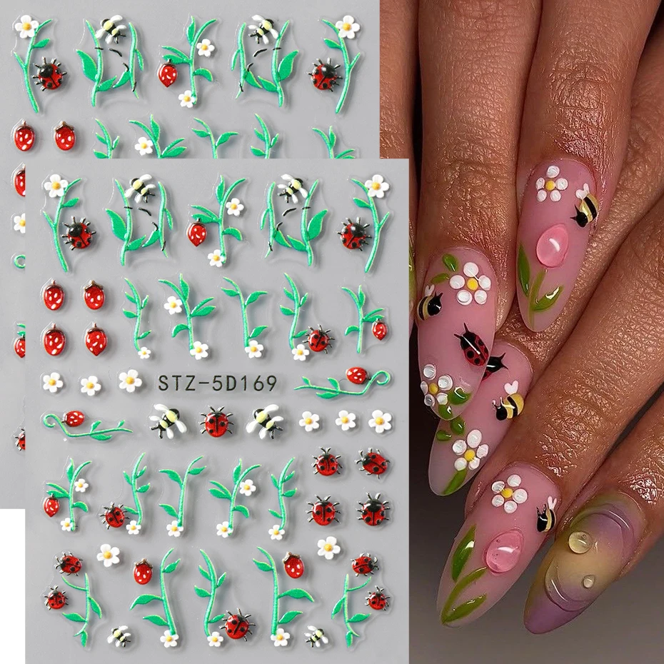 لطيف الكرتون الخنفساء الأزهار مسمار ملصقات 5D تنقش ذاتية اللصق مسمار الشارات بما في ذلك الفراولة ديزي DIY مسمار الديكور