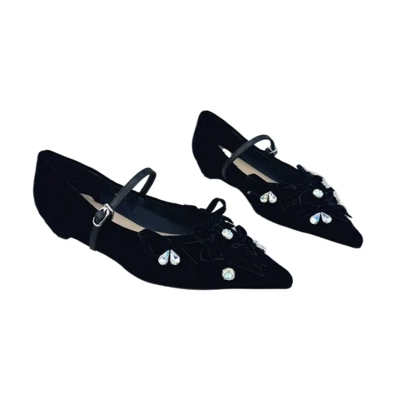 القوس كعوب منخفضة أحذية النساء مصمم كريستال القوس فستان الصنادل صيف 2025 أنيقة العمل الضحلة أشار تو حذاء مريح